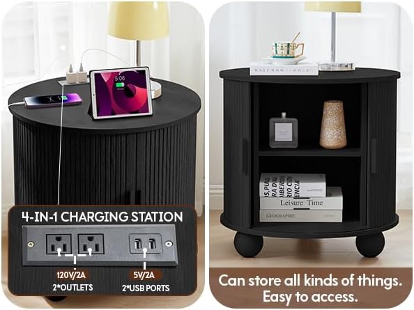 24" Round Nightstand with Charging Station, Mid-Century Modern Large Wood End Table with Storage & Sliding Door, Accent Side Tbale for Living Room Bedroom (Round, Black)