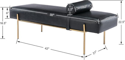 Modern End of Bed Bench, Upholstered Entryway Bench with Detachable Pillow for Living Room, PU Leather Ottoman Bench with Gold Metal Legs, Comfy Cushion Bedroom Decoration Benches (Black)