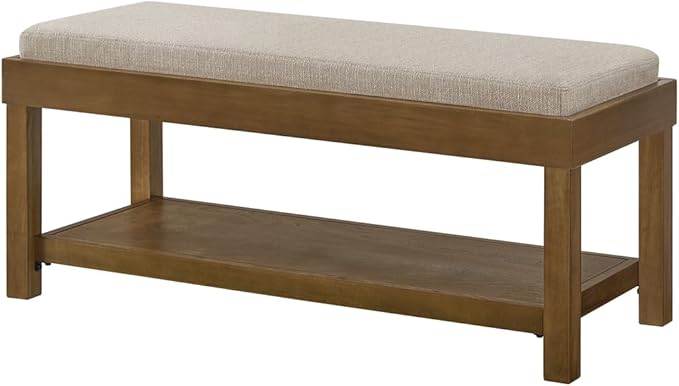 24KF Large Rectangular Storage Bench,Upholstered Seat Cushion,Ottoman Coffee Table with Linen Removable Cushion for Living Room,Entryway Bench Bed Bench with Solid Wood Shelf,5069-Linen