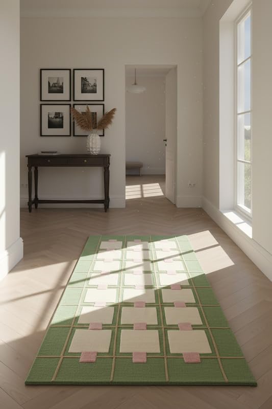 Greer Wool Area Rug - Soft Hand-Tufted Geometric Design with Pink and Green Color Palette, Perfect for Modern Home Decor (8x10 Ft)