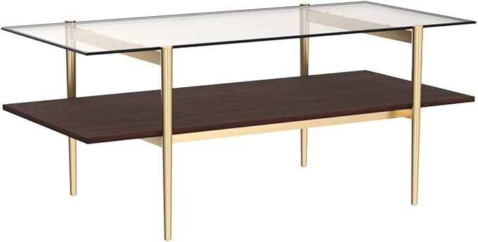 Saint Mossi Tadio Double Layer Glass Coffee Table for Living Room, Brown Glass & Coffee Brown MDF Bottom Shelf