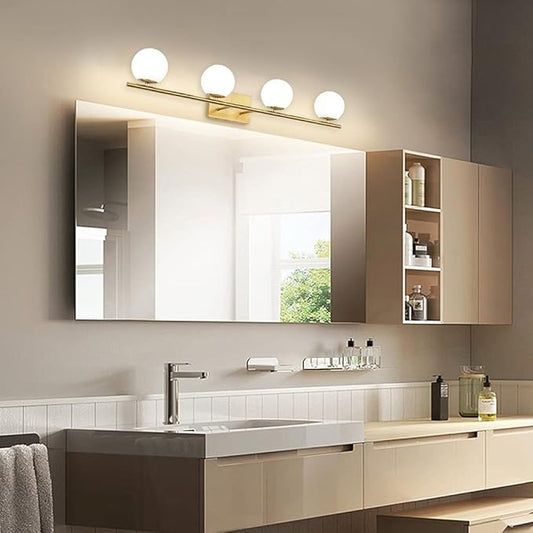 New Bathroom Vanity Light Fixtures Brushed Brass Milk White Globe Glass Shade 4 Lights Modern Wall Bar Sconce Over Mirror