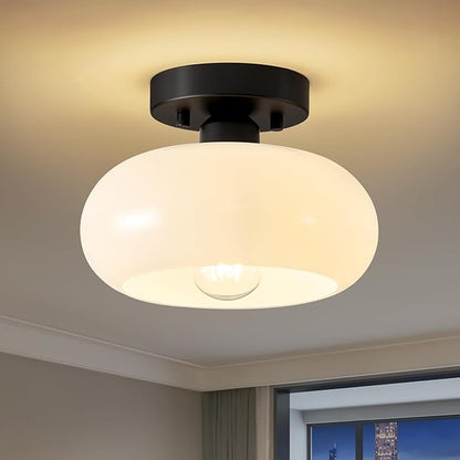 Mid-Century Modern Semi Flush Mount Ceiling Light, Metal Kitchen Light Fixture with Glass Shade, Mini White and Black Colse to Ceiling Lamp for Entryway Hallway Bathroom (8.66 Inch)