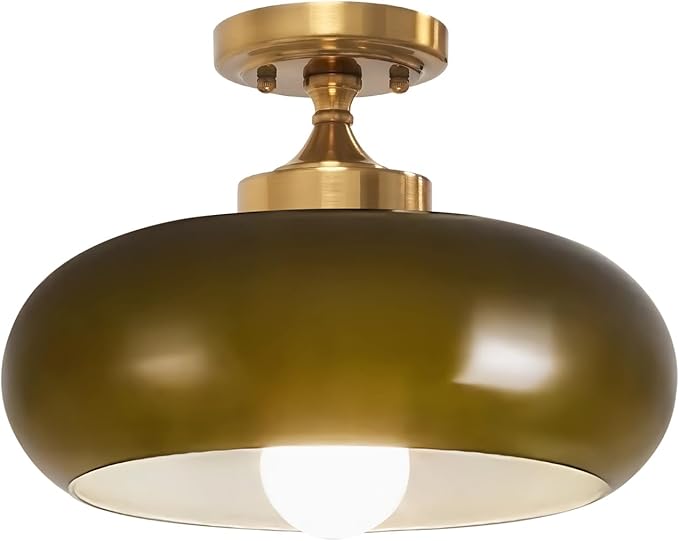 Dark Green Ceiling Light Fixture Glass Flush Mount Ceiling Light Gold Semi Flush Mount Lamp Mid Century Modern for Hallway Entryway Bathroom Closet