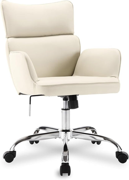 BV Adjustable Desk Chair with Wheels for Make Up, Faux Leather Rolling Armchair, 360° Swivel Comfy Task Chair for Home Office, Beige