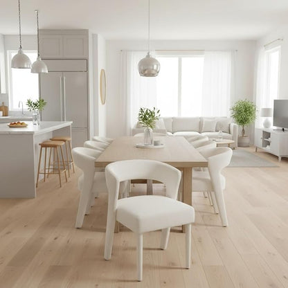 DUOMAY Modern Dining Chairs Set of 6, Chenille Fabric Upholstered Kitchen Chair with Curved Open Back Accent Side Chairs Dining Room Chairs with Wood Legs, White