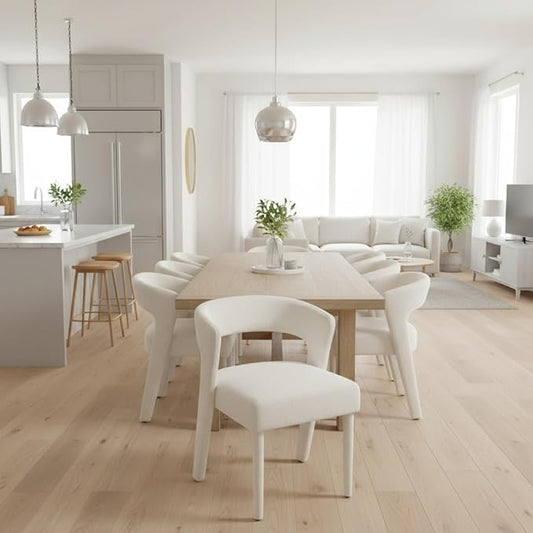 DUOMAY Modern Dining Chairs Set of 6, Chenille Fabric Upholstered Kitchen Chair with Curved Open Back Accent Side Chairs Dining Room Chairs with Wood Legs, White