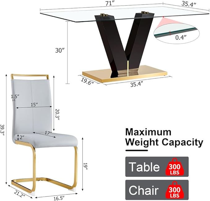 Glass Dining Table Set for 8, 71" Modern Dining Table Set for 8, Dining Tables and 8 PU Chairs, Dining Room Table Set for 8 for Home