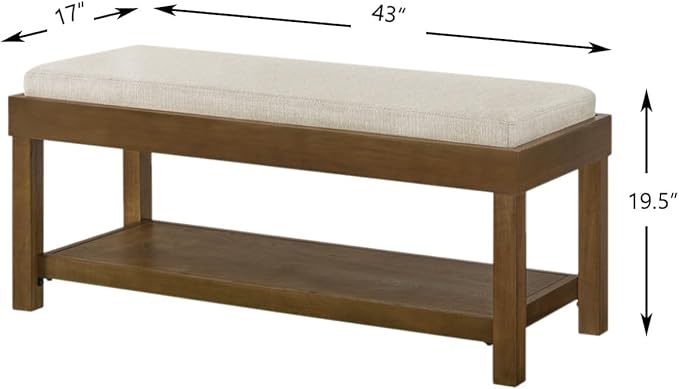 24KF Large Rectangular Storage Bench,Upholstered Seat Cushion,Ottoman Coffee Table with Ivory Removable Cushion for Living Room,Entryway Bench Bed Bench with Solid Wood Shelf,5069-Ivory