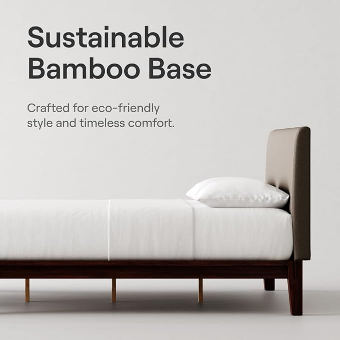 Nectar Bamboo Platform Bed Frame & Upholstered Headboard - Twin XL - Walnut/Slate - Floating Center Support Legs -12” Height - Easy Tool Free Set Up - Sturdy Wooden Support Slats - Holds Up To 500 lbs