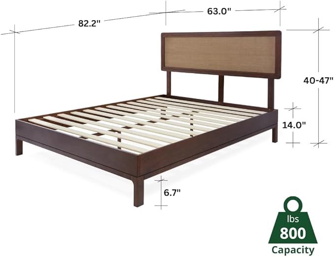Bme Nipe Queen 14 Inch Bohemian Bed Frame with Adjustable Woven Headboard - Rustic & Vintage Unique Style with Acacia Wood - No Box Spring Needed - Easy Assembly - Walnut