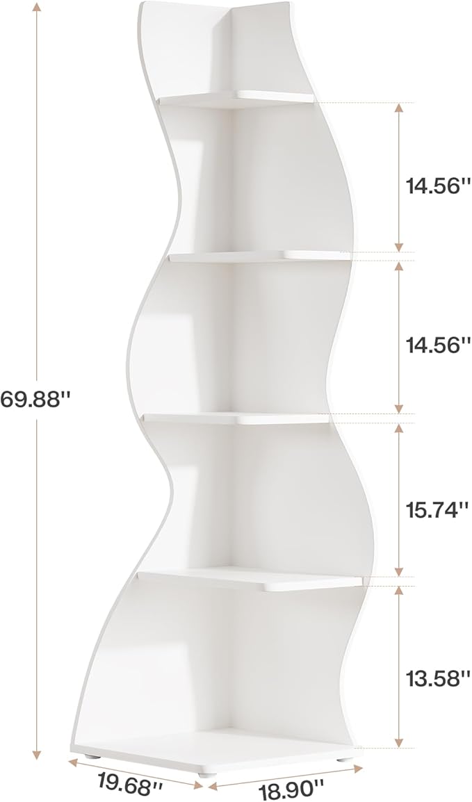 Tribesigns Wavy Corner Shelf, Modern 5-Tier Bookshelf Bookcase with Curvy Shape, Unique Plant Stand Display Rack for Living Room Small Space (White)