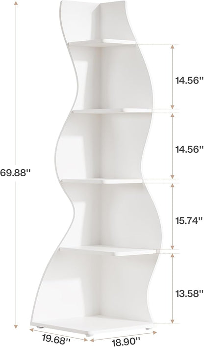 Tribesigns Wavy Corner Shelf, Modern 5-Tier Bookshelf Bookcase with Curvy Shape, Unique Plant Stand Display Rack for Living Room Small Space (White)