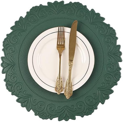Noctiflorous Round Faux Leather 15 Inch Placemats Set of 6 Waterproof Wipeable Heat Resistant Tablemat for Dining Table Kitchen Non Slip Oilproof Table Place Mat for Indoor Outdoor(Green, 6)