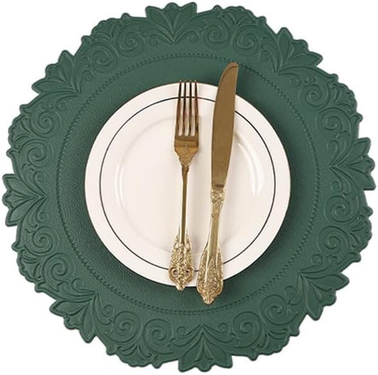 Noctiflorous Round Faux Leather 15 Inch Placemats Set of 6 Waterproof Wipeable Heat Resistant Tablemat for Dining Table Kitchen Non Slip Oilproof Table Place Mat for Indoor Outdoor(Green, 6)