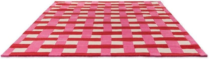 Hand-Tufted Wool Checkered Area Rug 7x7 Ft (Square) – Pink Red Basketweave Carpet for Living Room, Bedroom, Playroom – Soft Plush Texture, Modern Artistic Floor Décor