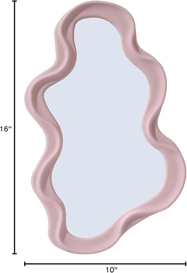 Funky Small Decorative Wall Mirror - Pink Asymmetrical Wavy Design,Hanging Mirror for Bedroom, Bathroom Entryway Modern Irregular Squiggly Shape,Compact Size, Easy Install