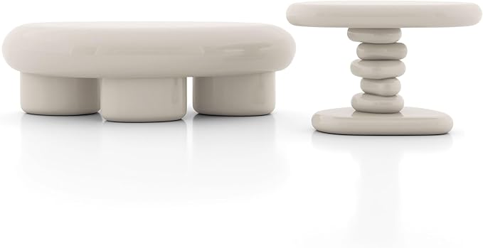 24/7 Shop at Home Kavren Modern 37-inch 2-Piece Oval Glossy Low Profile Coffee Table Set, Stone Shape Living Room Furniture for Small Space, Ivory