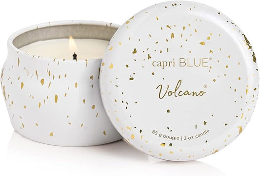 Capri Blue Glimmer Mini Tin - Volcano Scented Candle with Mini Tin Candle - Soy Wax Blend - White and Gold (3 oz)