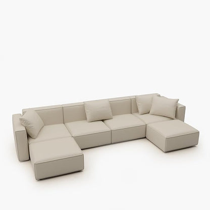 Acanva Luxury Modular Sectional Couch with Moveable Ottoman and Chaise, Modern Minimalist Style Sofa for Living Room, Apartments, U-Shape, Vegan Leather Cream