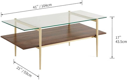 Saint Mossi Tadio Glass Coffee Table, Clear Double Layer Glass Coffee Table for Living Room, Clear Glass & Coffee Brown Bottom Shelf