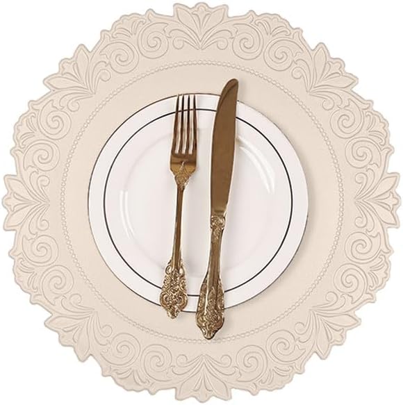 Noctiflorous Round Faux Leather 15 Inch Placemats Set of 4 Waterproof Wipeable Heat Resistant Tablemat for Dining Table Kitchen Non Slip Washable Oilproof Table Place Mat for Indoor Outdoor(Beige, 4)
