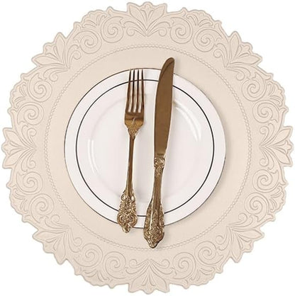 Noctiflorous Round Faux Leather 15 Inch Placemats Set of 4 Waterproof Wipeable Heat Resistant Tablemat for Dining Table Kitchen Non Slip Washable Oilproof Table Place Mat for Indoor Outdoor(Beige, 4)