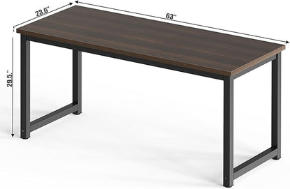 NSdirect Large Desk for Home Office, Large 63” Computer Desk Table, Wide Writing Study Desk for 2 Person, Metal Sturdy Frame Thicker Steel Legs, Black Chocolate