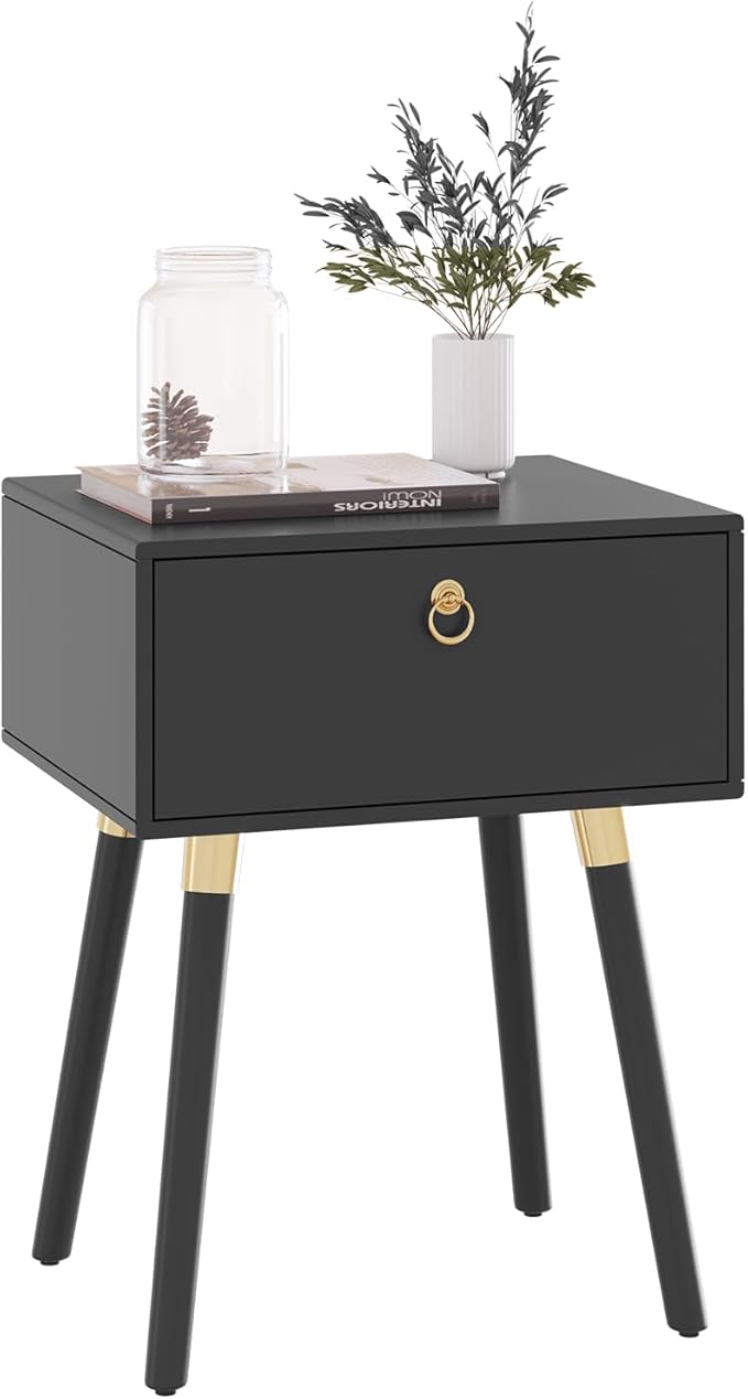 Bme Alden Wood Bedside Table Solid Wood End Table Mid Century Modern Nightstand, Side Table with 1 Drawer, Black