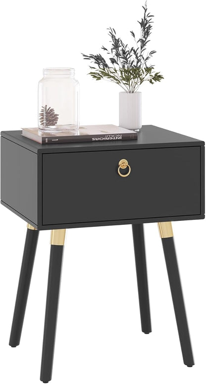 Bme Alden Wood Bedside Table Solid Wood End Table Mid Century Modern Nightstand, Side Table with 1 Drawer, Black