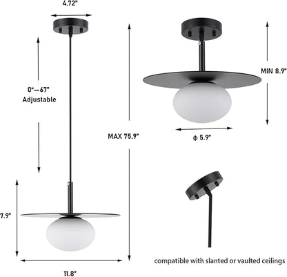 Modern Globe Pendant Lighting Milky White Glass Shade Matte Black Farmhouse Pendant Light 11.81" Dome Industrial Mid Century Hanging Ceiling Light Fixture Kitchen Island Dinning Room Bedroom