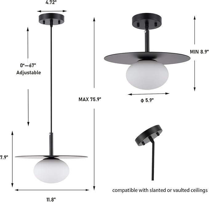 Modern Globe Pendant Lighting Set of 2 Milky White Glass Shade Matte Black Farmhouse Pendant Light 11.81" Dome Industrial Hanging Ceiling Light Fixture Kitchen Island Dinning Room Bedroom