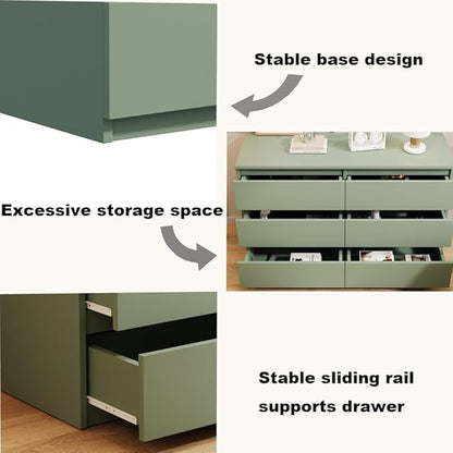 6 Drawer Dresser for Bedroom,Wide Wood Dresser,Farmhouse Large Bedroom Dressers with Drawers,Chest of Drawers for Living Room,Hallway,Closet(Green)