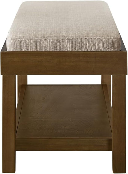 24KF Large Rectangular Storage Bench,Upholstered Seat Cushion,Ottoman Coffee Table with Linen Removable Cushion for Living Room,Entryway Bench Bed Bench with Solid Wood Shelf,5069-Linen
