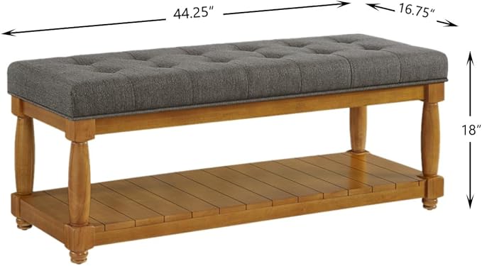 24KF Large Rectangular Upholstered Tufted Bed Bench, Linen Fabric Storage Ottoman Bench for Living Room, Padded Entryway Bench with Solid Wood Shelf,5098-Granite
