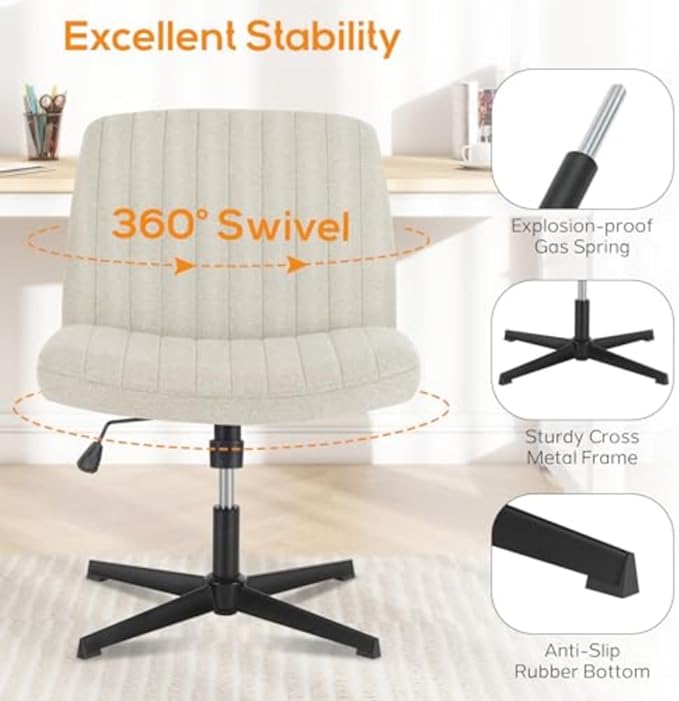 DUMOS Criss Cross Chair Legged Office Wide Comfy Desk Seat, No Wheels Armless Computer Task Seating, Swivel Vanity Home Height Adjustable