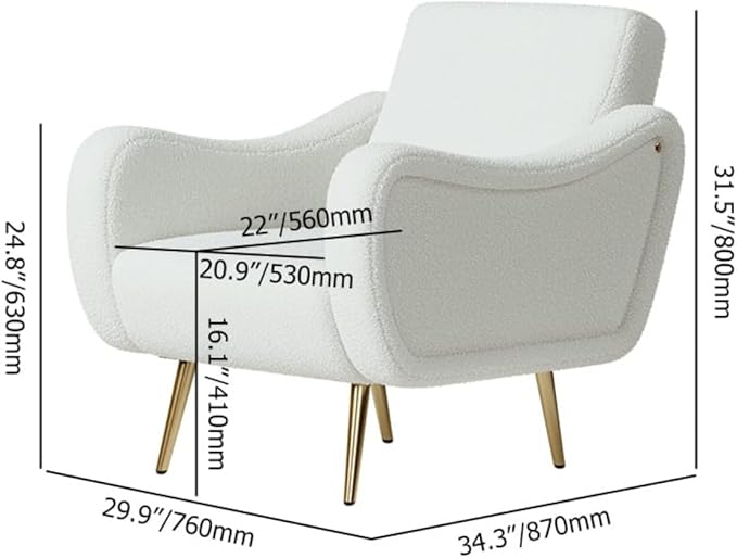 homary White Boucle Accent Chair with Gold Metal Legs, Modern Plush Armchair for Living Room, Reading Chair with High-Density Foam Cushion