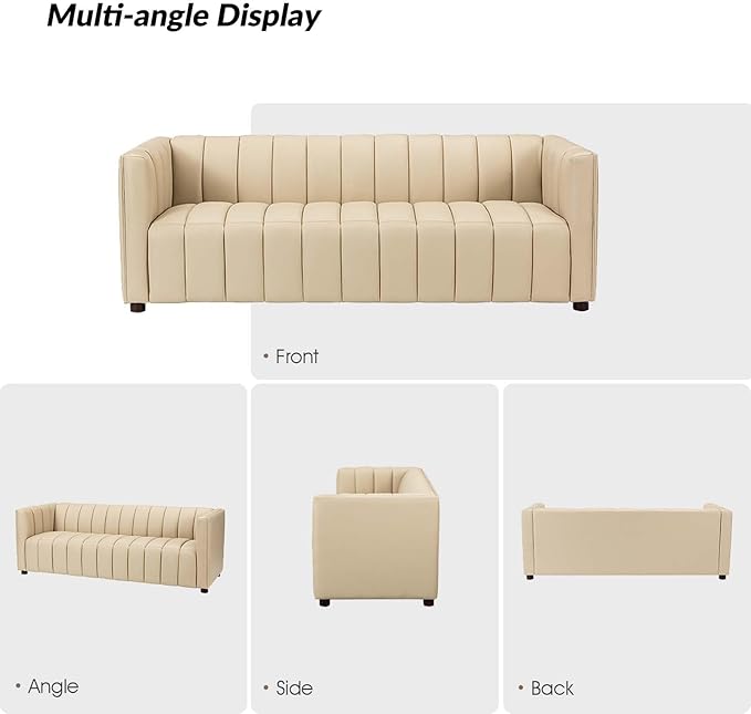 HULALA HOME 83" Genuine Leather Sofa with Channel Tufted Design, 3-Seater Sofa for Living Room Bedroom, Modern Oversized Couch with Wood Legs, Beige