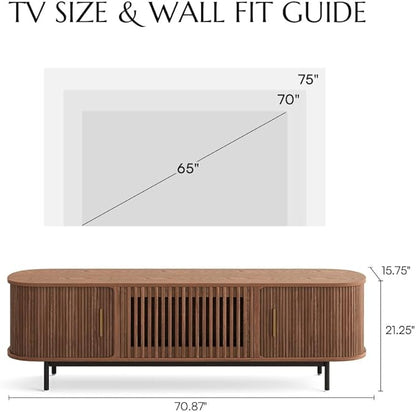 POVISON Mid Century Modern TV Stand for 65 inch TV, Sliding Door Entertainment Center with Storage, Wood TV Console, Media Console for Living Room Bedroom, Fully-Assembled (Walnut, 70.87")