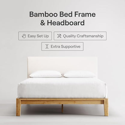 Nectar Bamboo Platform Bed Frame & Upholstered Headboard - Queen - Natural/Linen - Floating Center Support Legs - 12” Height - Easy Tool Free Set Up - Sturdy Wooden Slats - Holds Up To 800 lbs