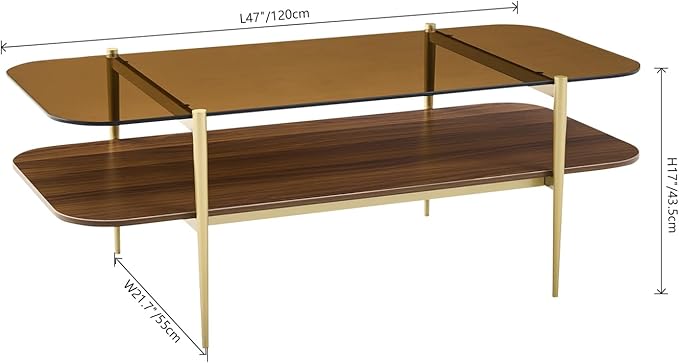 Saint Mossi Tadio Oval Glass Coffee Table, Double Layer Coffee Table for Living Room, Brown Glass & Coffee Brown MDF Bottom Shelf, H17xL47xW21