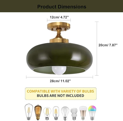 Dark Green Ceiling Light Fixture Glass Flush Mount Ceiling Light Gold Semi Flush Mount Lamp Mid Century Modern for Hallway Entryway Bathroom Closet
