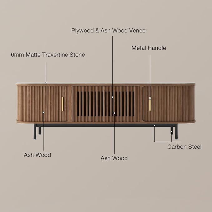 POVISON Sliding Tambour Door TV Stand, Mid Century Modern Sintered Stone TV Console, Wood Media Console for 75 Inch TV, Entertainment Center with Storage Cabinet, Fully-Assembled (Walnut, 78.74")