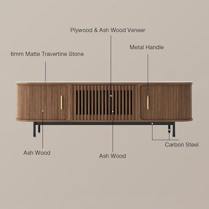 POVISON Sliding Tambour Door TV Stand, Mid Century Modern Sintered Stone TV Console, Wood Media Console for 75 Inch TV, Entertainment Center with Storage Cabinet, Fully-Assembled (Walnut, 78.74")