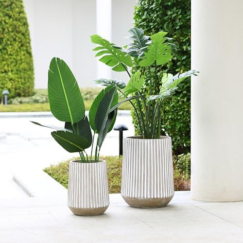 LuxenHome 16.1" H Concrete Tall Planter, Large Outdoor Indoor Plant Pot with Drainage Hole and Rubber Plug, Round Flower Pots for Plants, Handmade Modern Striped Planter Pots for Home Garden Patio