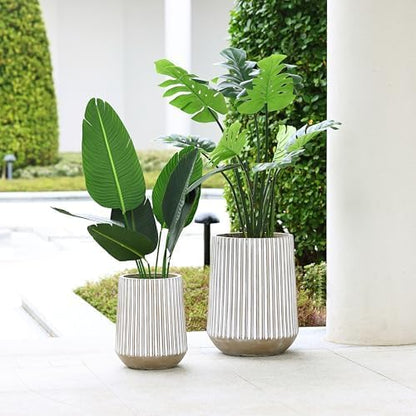 LuxenHome 16.1" H Concrete Tall Planter, Large Outdoor Indoor Plant Pot with Drainage Hole and Rubber Plug, Round Flower Pots for Plants, Handmade Modern Striped Planter Pots for Home Garden Patio
