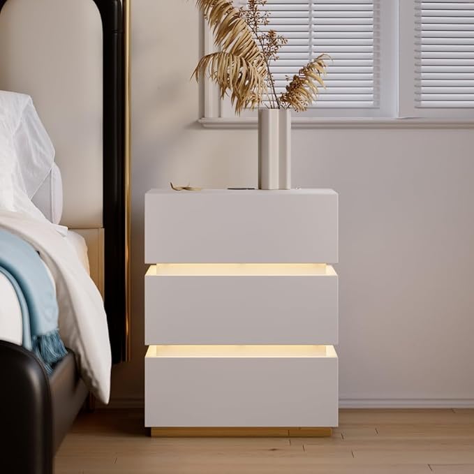 homary Modern Smart Nightstand with Wireless Charging Station, Bedside Table with 3 Drawers, White Night Stand with LED Light