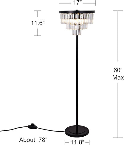 Wellmet 4 Lights Black Floor Lamp, Modern 3 Tiers Crystal Standing Lamp for Living Room Bright Lighting, Elegant Tall Crystal Floor Lamp with Foot Switch for Reading Room, Bedroom, Office (E12 Base)