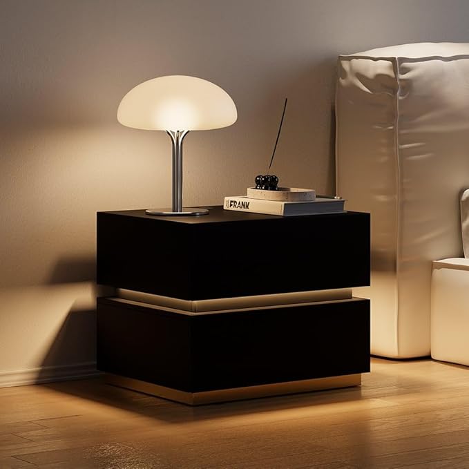 homary Smart Night Stand with Wireless Charging Station - Smart LED Nightstand with 2 Drawers, Black Bedside Table for Bedroom Living Room