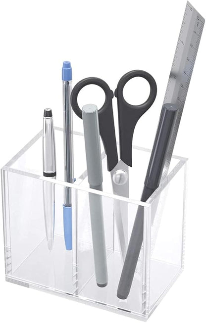 NIUBEE Acrylic Pen Holder 2 Compartments, Clear Pencil Organizer Cup for Countertop Desk Accessory Storage